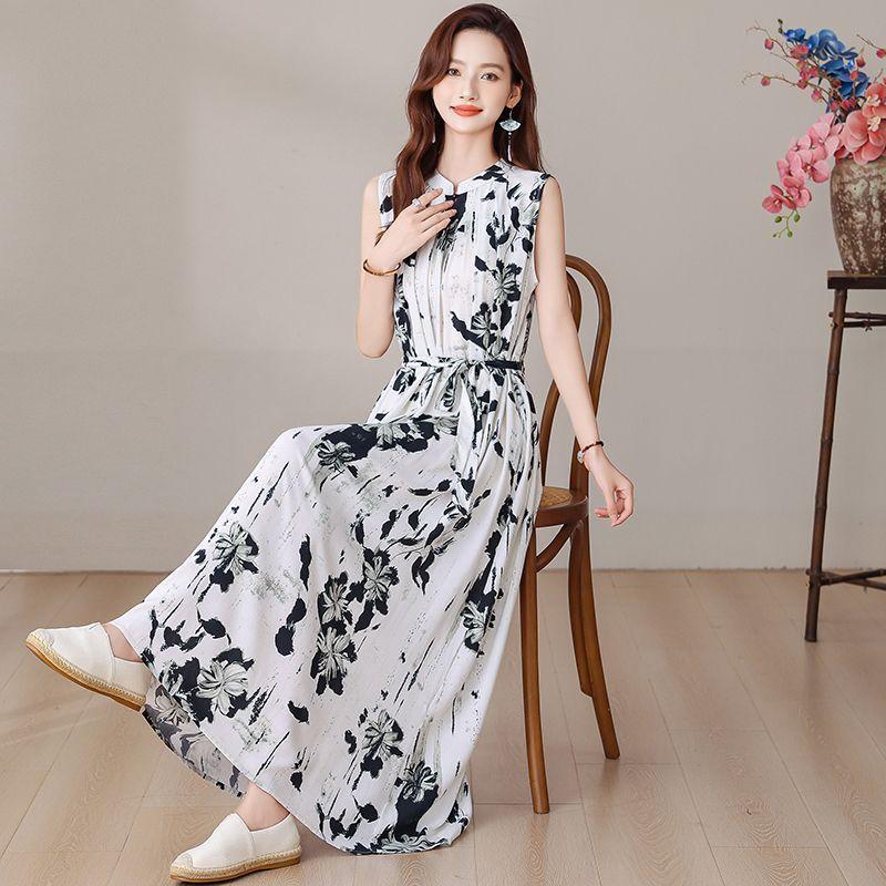 Elegant Floral Print Plus Size Dress for Middle Aged Women Summer Cotton Long Dress