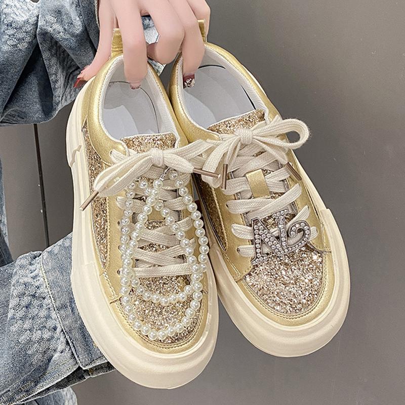 

Women Platform Sneakers Shine Design Casual Outdoor Shoes Lace Up Luxury Sneakers High Quality Tennis Sports Shoes Female 35-40 40 золотий