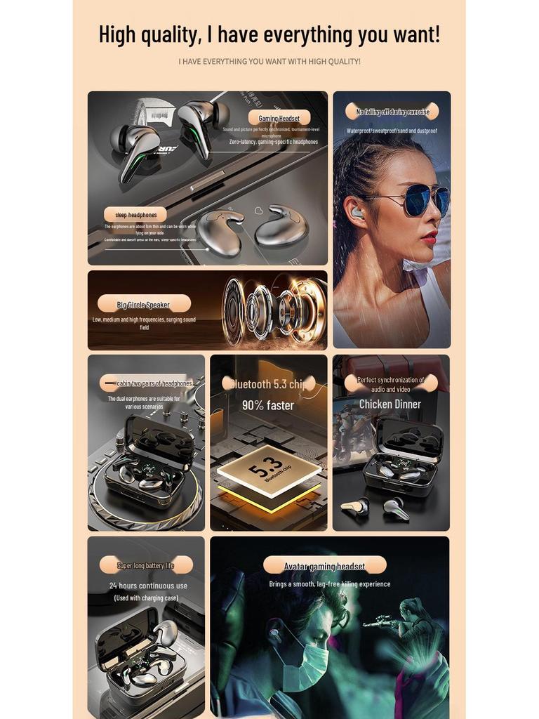 New TWS Wireless Bluetooth Earphones: Long Battery, Gaming E-sports, Noise Cancelling In-ear Sleep Mode.