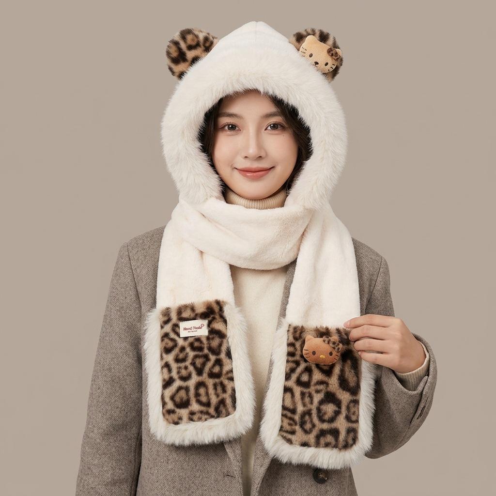 One-piece female autumn and winter warm hooded plush leopard print bear ears hat scarf scarf hat three-piece set