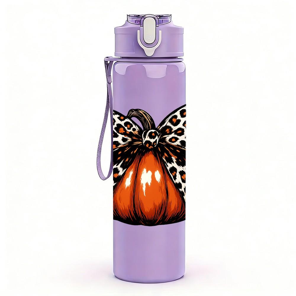 1PC Leopard Bow Pumpkin Fall Print 750ml Color Plastic Sports Water Bottle Leakproof Flip Straw Lid Suitable for Sports Office Home Use
