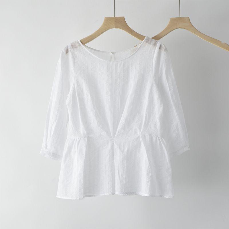 

Рубашка с рукавом три четверти Texture Sense Artsy Женская Летняя Тонкая Слегка Прозрачная Прикрывающая Талию Живот Иностранный Стиль Антивозрастной Топ Футболка White Free Size fits 40.00 kg-50.00 kg