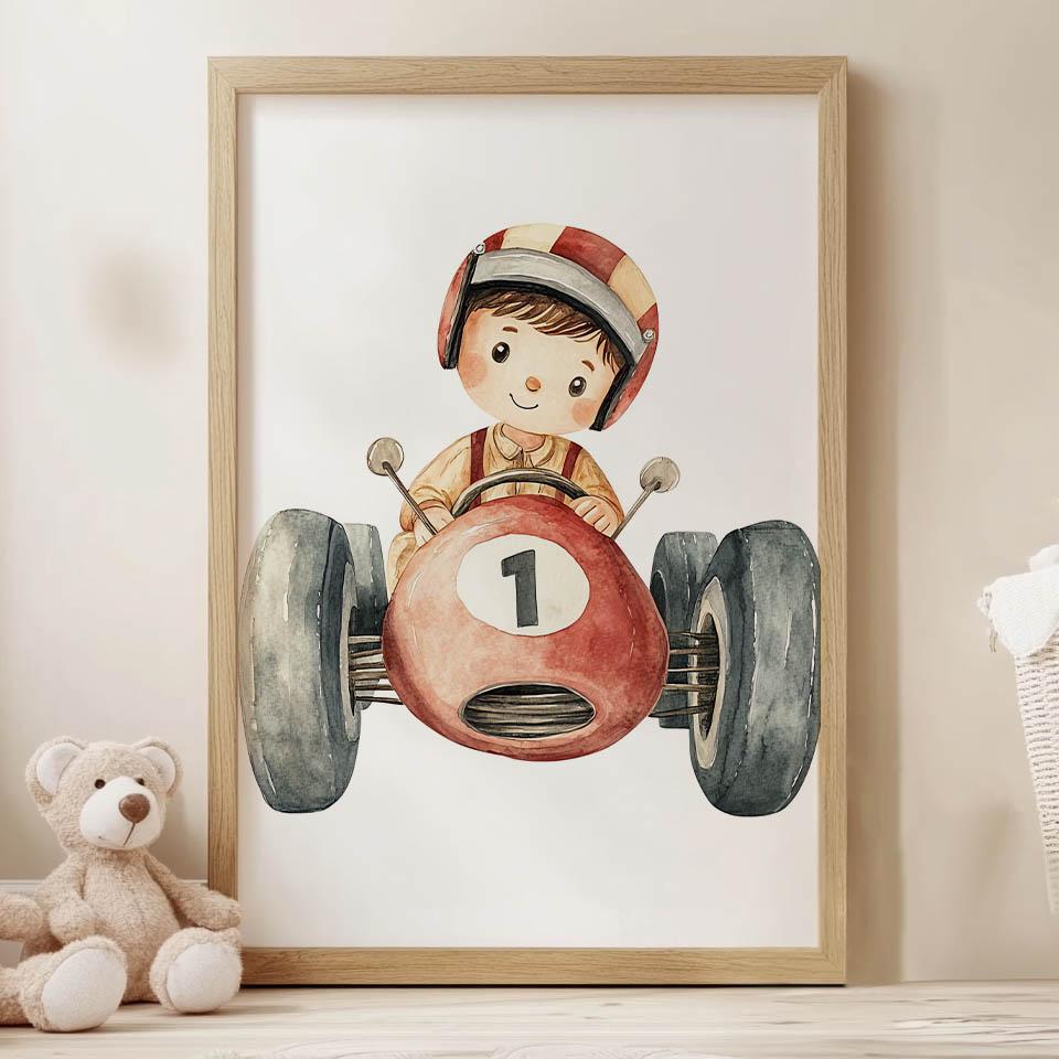 Boy In a Racing Car Poster Boy In a Racing Car Poster, 50X70 Cm, Frameless, Premium Canvas On Stretcher