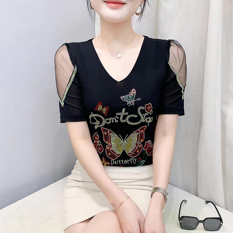 New European Women's Clothes Luxury Elegant T-Shirt Sexy Shiny Butterfly Hot Diamonds Mesh Top Tees Blouse