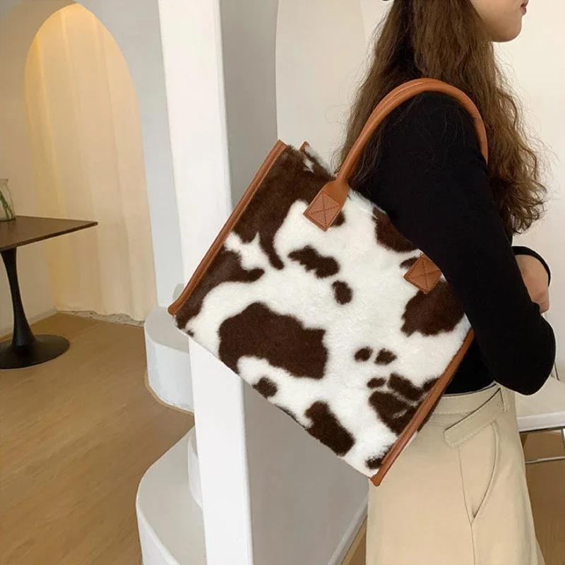 Winter Leopard Print Plush Underarm Bag Women PU Leather Soft Fluffy Shoulder Tote Handbag