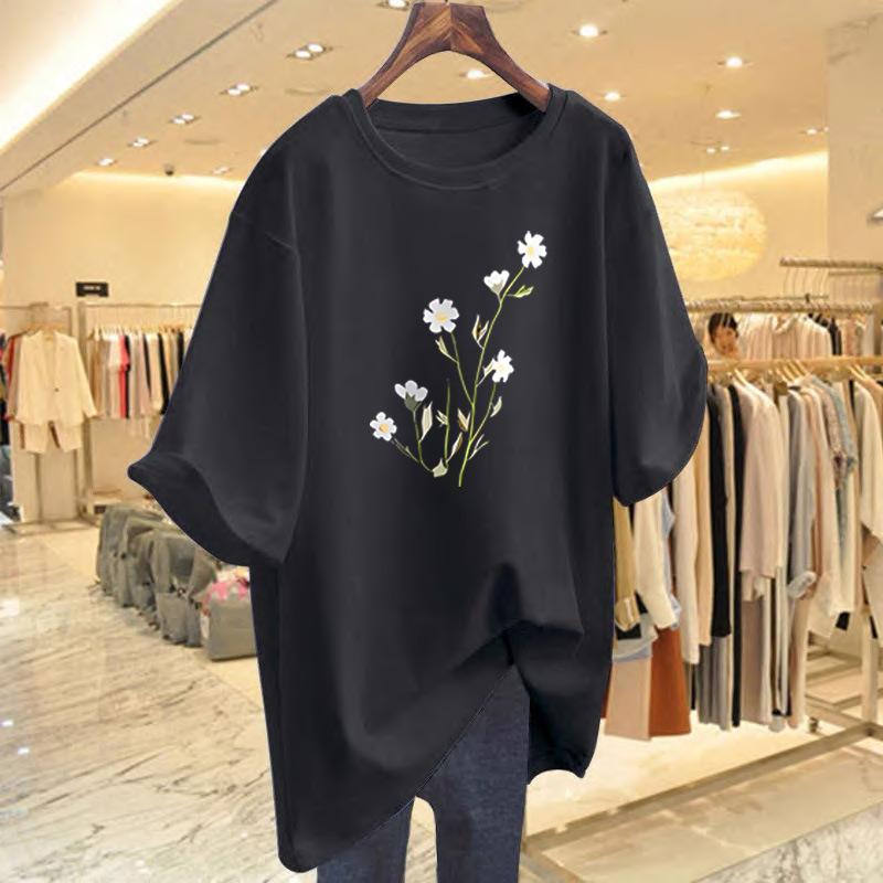 Cotton white short-sleeved t-shirt women's summer new flower print crew neck loose top bottoming shirt