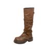 New Spot Wasteland Wind Brown Maillard Platform Knight Boots Women's Long Boots Martin Boots Pleated Pant Tube Boots Tall Boots