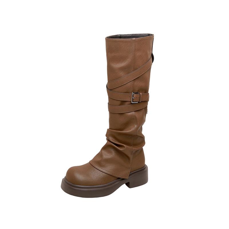 New Spot Wasteland Wind Brown Maillard Platform Knight Boots Women's Long Boots Martin Boots Pleated Pant Tube Boots Tall Boots
