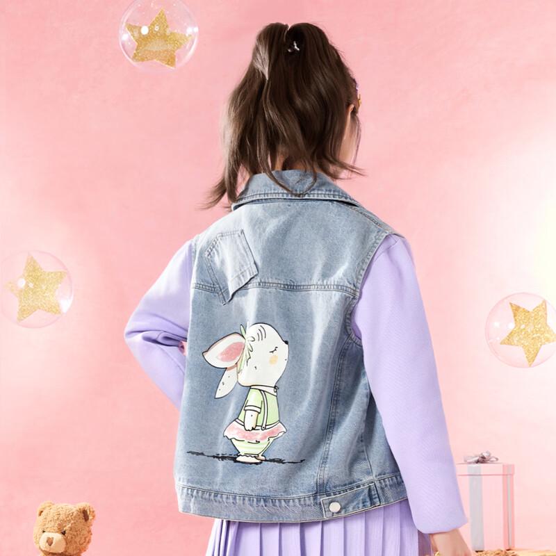 Girls  Cartoon Rabbit Print Denim Vest 140 светло-синий