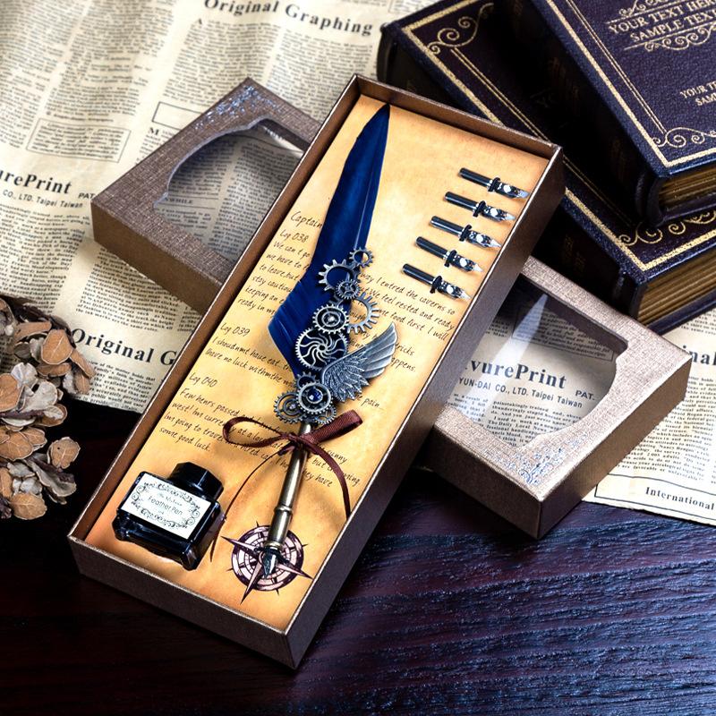 1SET Blue Peacock Mechanical Punk Wind Wing Pen Dipping Pen Ink Advertising Gift Pen Quill Set
