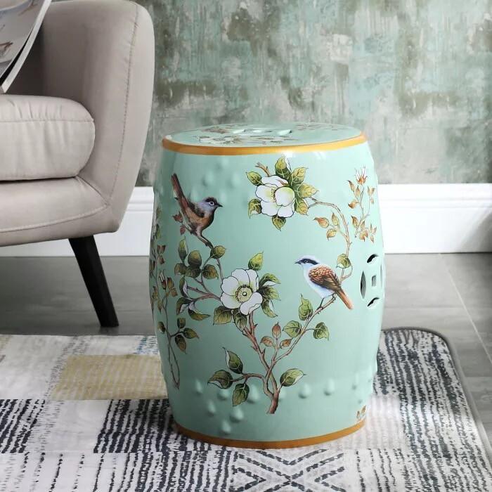 New Chinese Style Ceramic Drum Stool, Floral Bird Design Ottoman for Entryway&Living Room, Decorative Shoe Bench and Home Decor