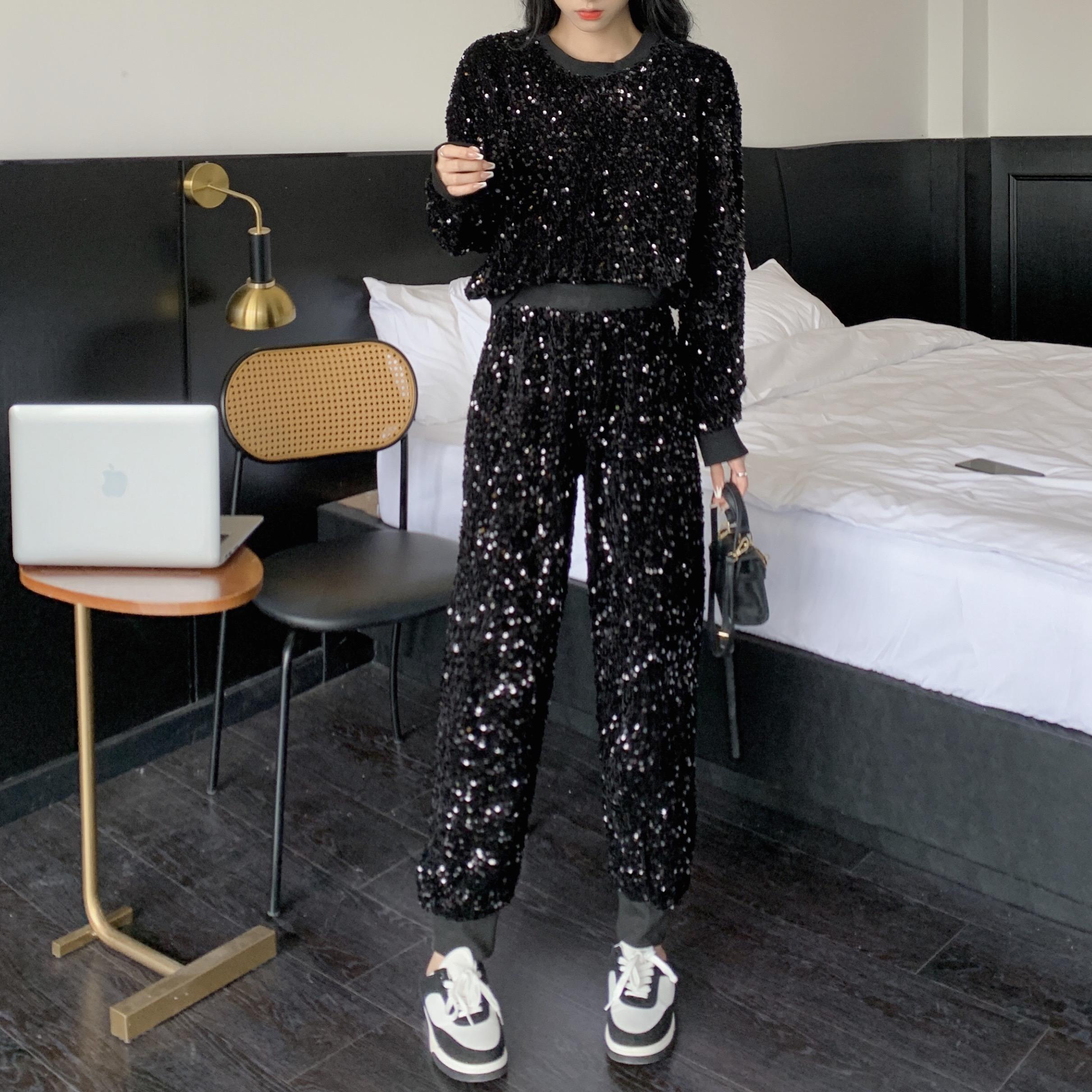 

RUGOD модный костюм женский индивидуальный модный комплект с пайетками топ и брюки комплект из двух предметов с высокой талией и разрезом плиссированные широкие брюки One Size чёрный