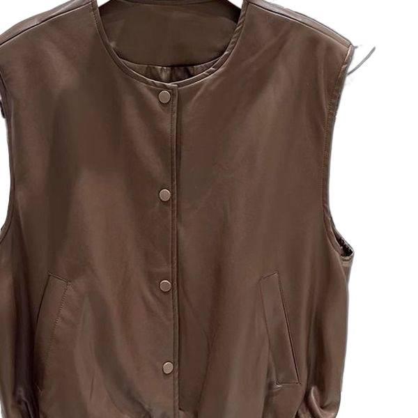 Women's Korean Style PU Leather Sleeveless Vest with Shoulder Pads - Autumn 2025 Fashion