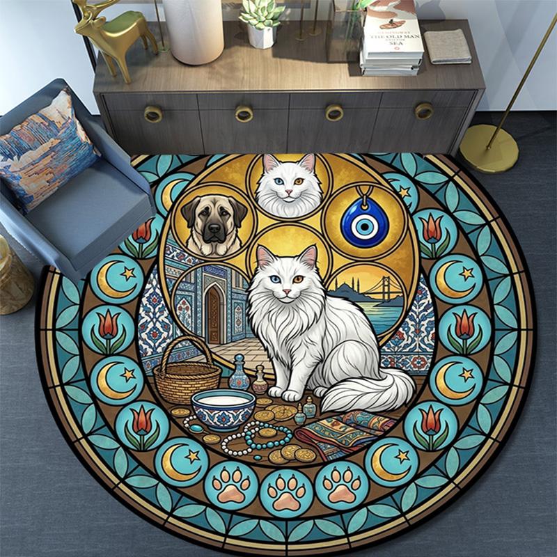 Feline Mandala Round Area Rug Under Office Chairs Bedroom Living Room Home Decor
