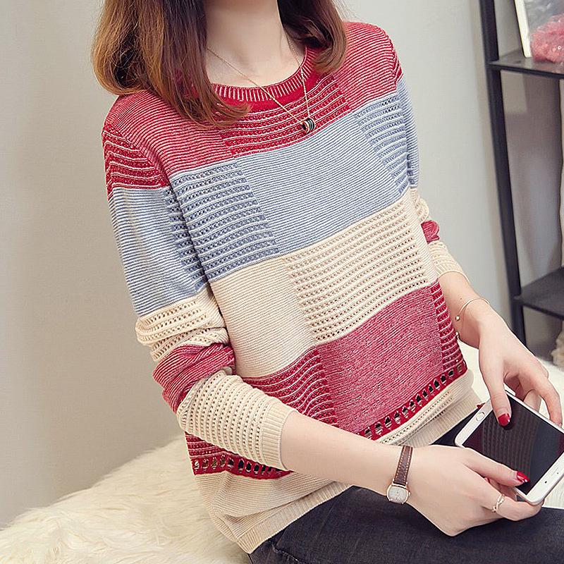 Women's Color Block Knitted Pullover: Spring & Autumn Loose Striped Long Sleeve Sweater with Hollow Thin Cardigan Design