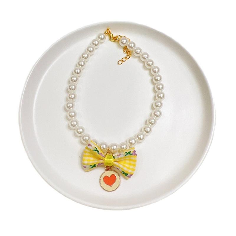 Pet Bowknot Adjustable Collar Cat Jewelry Pendant Princess Pearl Necklace Puppy Collar Decorative Dog Collar Accessories