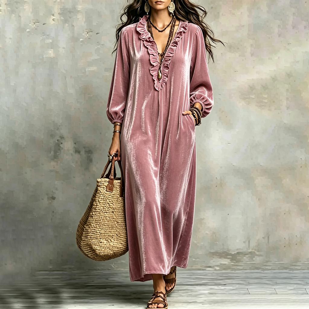 Women's Bohemian V-Neck Long Sleeve Maxi Dress with Sleeves and Loose Fit for Casual Wear