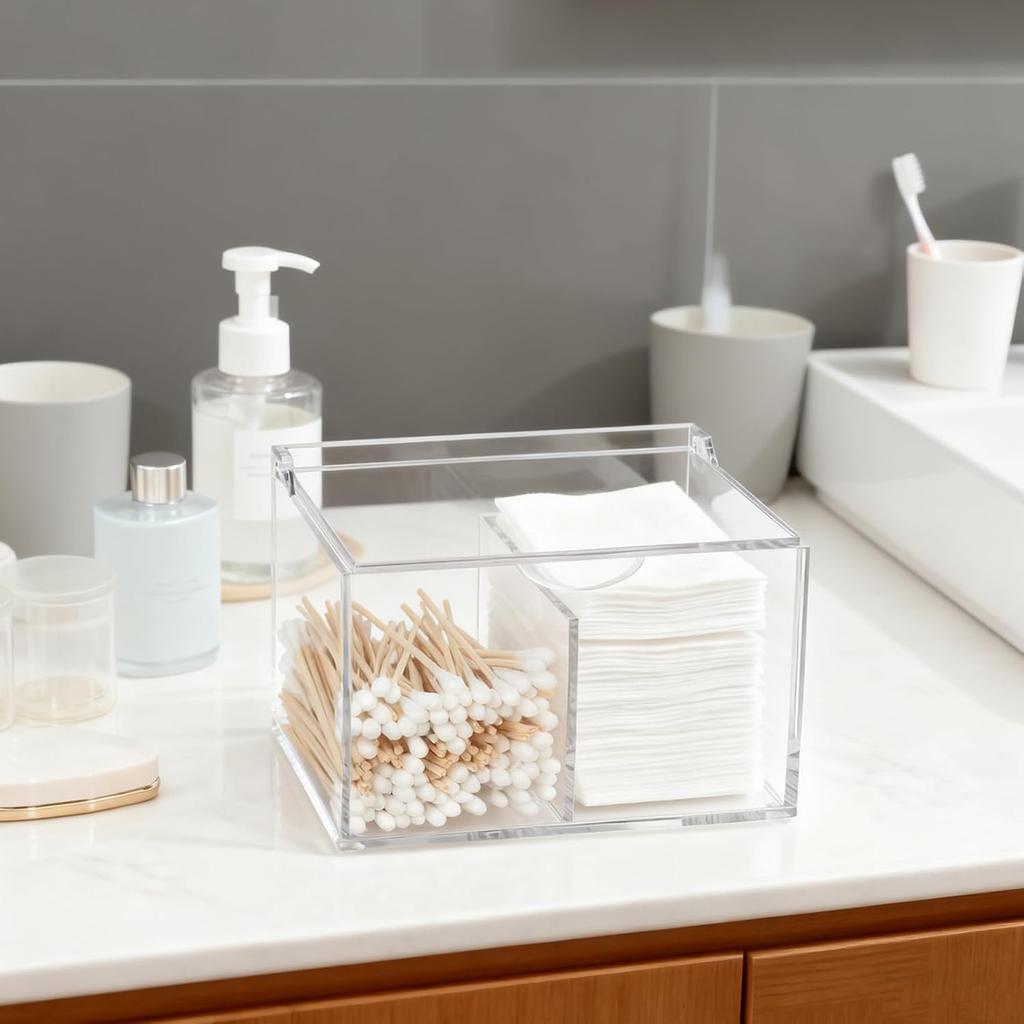 Clear Acrylic Cotton Swab Ball Holder Qtip Organizer with Lid 2-Grid Cotton Swab/Pad/Ball Holder Container Home Bathroom Vanity Countertop Decor
