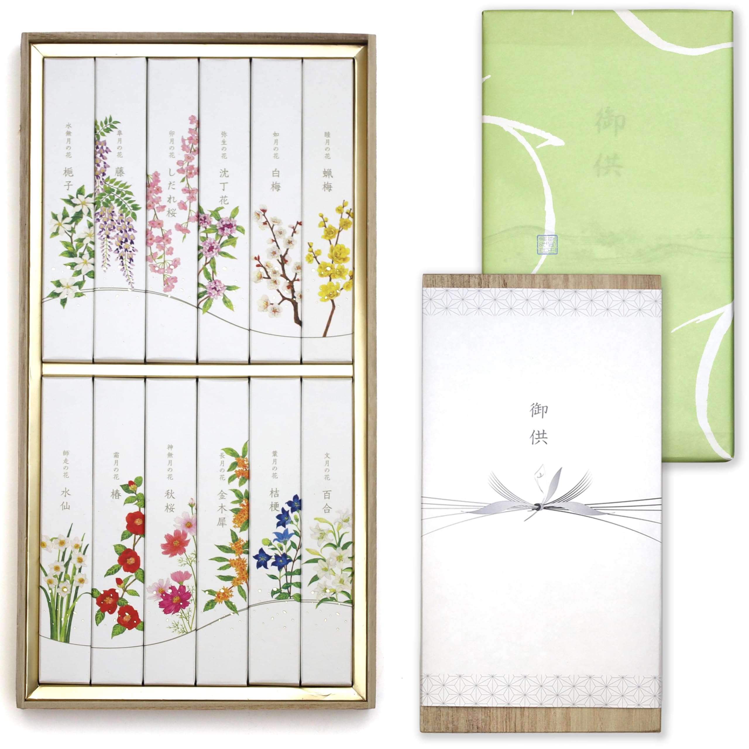 

Sympathy Incense Gift Set in Paulownia Wood Box [Moon Flower 12 Varieties, Sandalwood, with Inner Wrapping] Made in Japan, Low Smoke, Perfect for