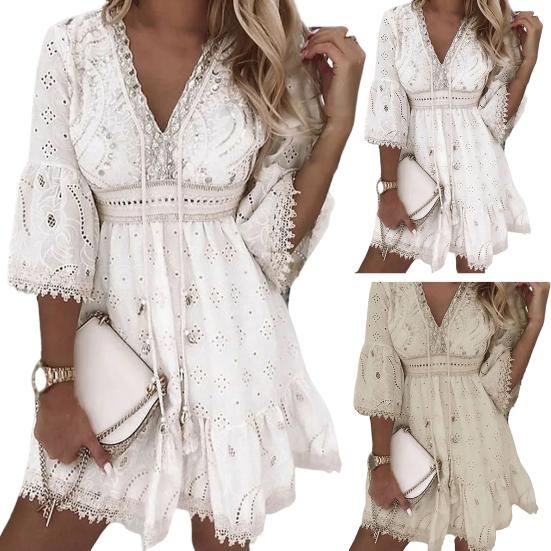 Kobiety Letnia Sukienka Dekolt V Wycięcie Rękawy Trzy Czwarte Frędzle Haft Sukienka do Przebierania Jednolita