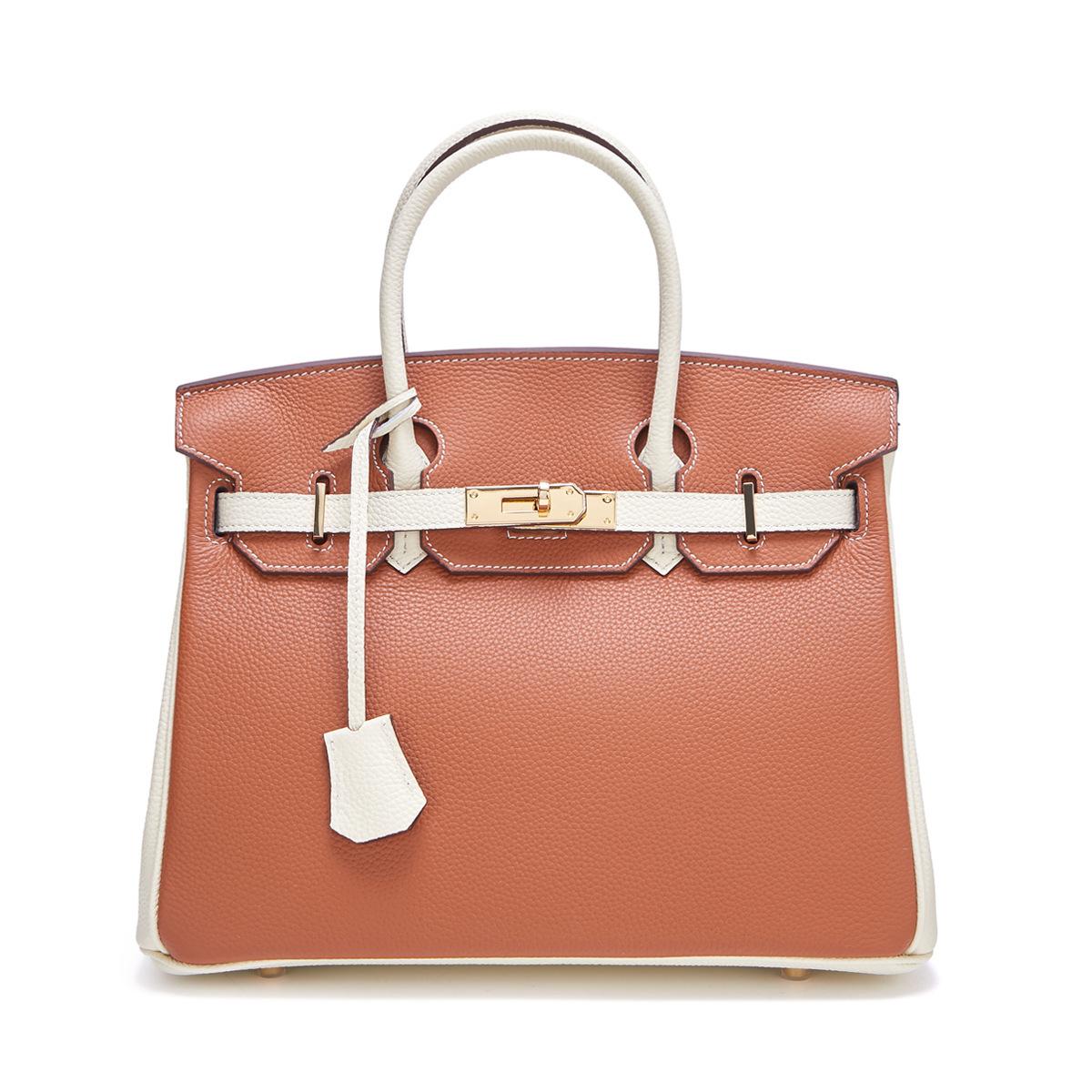 

Cross-border foreign trade first layer lychee pattern matching platinum bag cowhide contrasting leather large capacity shoulder crossbody handbag 30x17x23cm