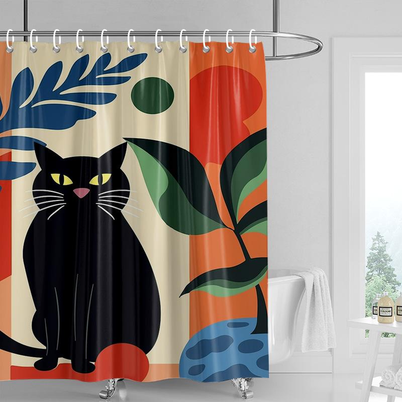 Abstract Art Cat Theme Shower Curtain 180x 200cm Waterproof Mildew-proof Bathroom Curtain Bathroom Ins Wind Decorative Curtain