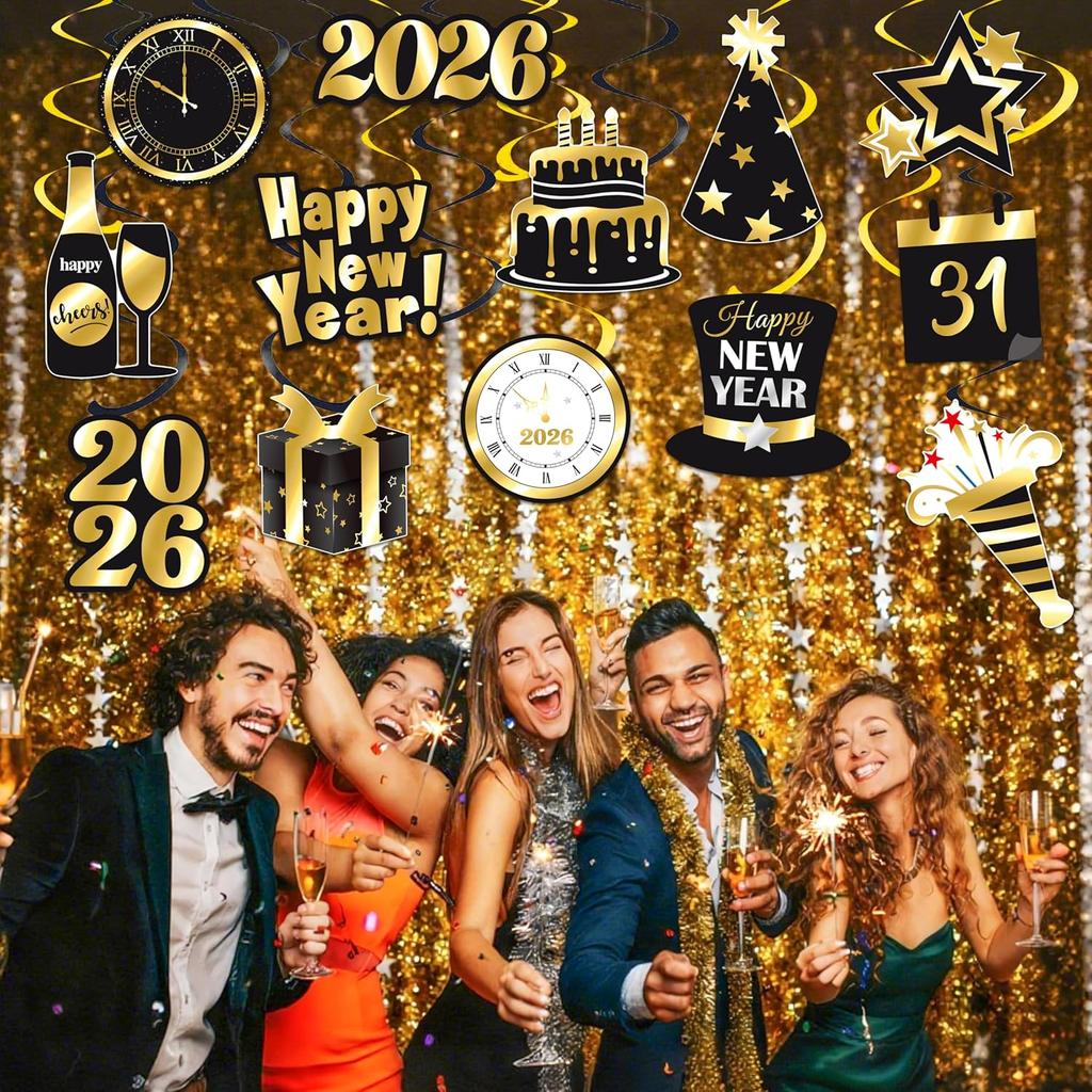 Happy New Year Party Hanging Swirls 22Pcs New Year Countdown Clock Theme Ceiling Streamers for 2026 New Years Eve Party Decorations Midnight