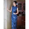 Modern style blue sleeveless improved cheongsam dress, young girl daily high slit slim slim dress