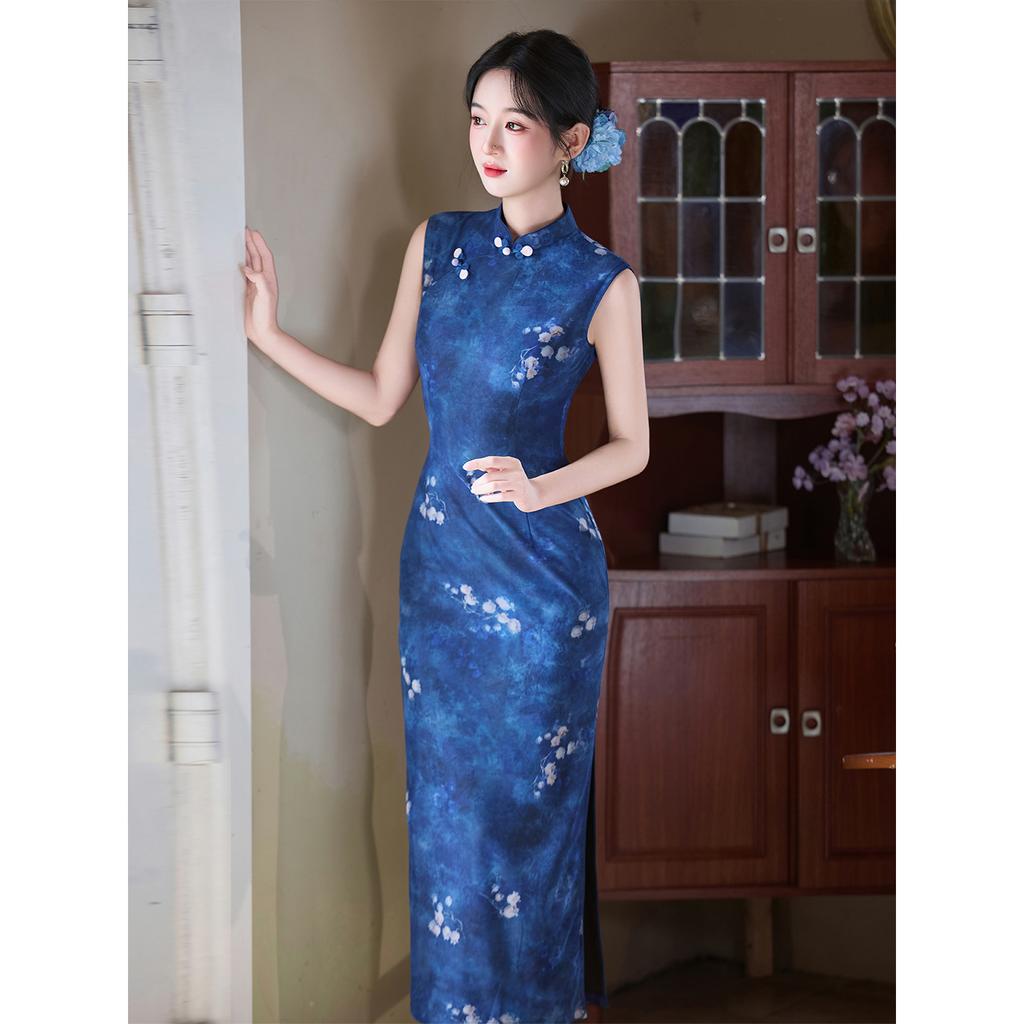 Modern style blue sleeveless improved cheongsam dress, young girl daily high slit slim slim dress