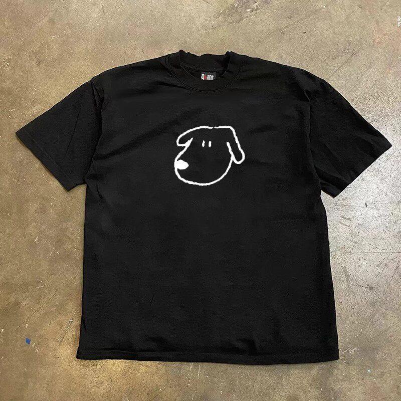 American Retro Short Sleeved Unisexs and Womens Street Style Cute Dog Head Print Round Neck Tshirt for Couples Breathable Version