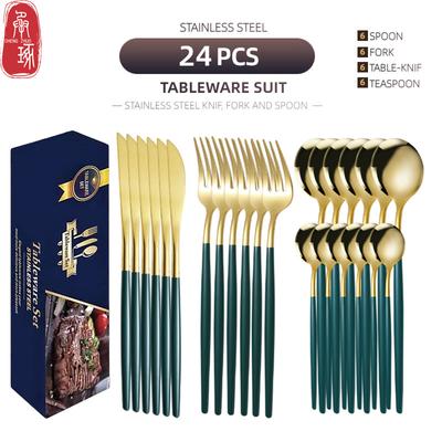 Ανοξείδωτο Ατσάλι 24 Τεμάχια Σετ Επιτραπέζια Σκεύη Δυτικά Επιτραπέζια Σκεύη Μαύρο Χρυσό Κουτάλι Πιρούνι Μαχαίρι Ασημί Χρυσό Οικογένεια Ξενοδοχείο Είδη Κουζίνας