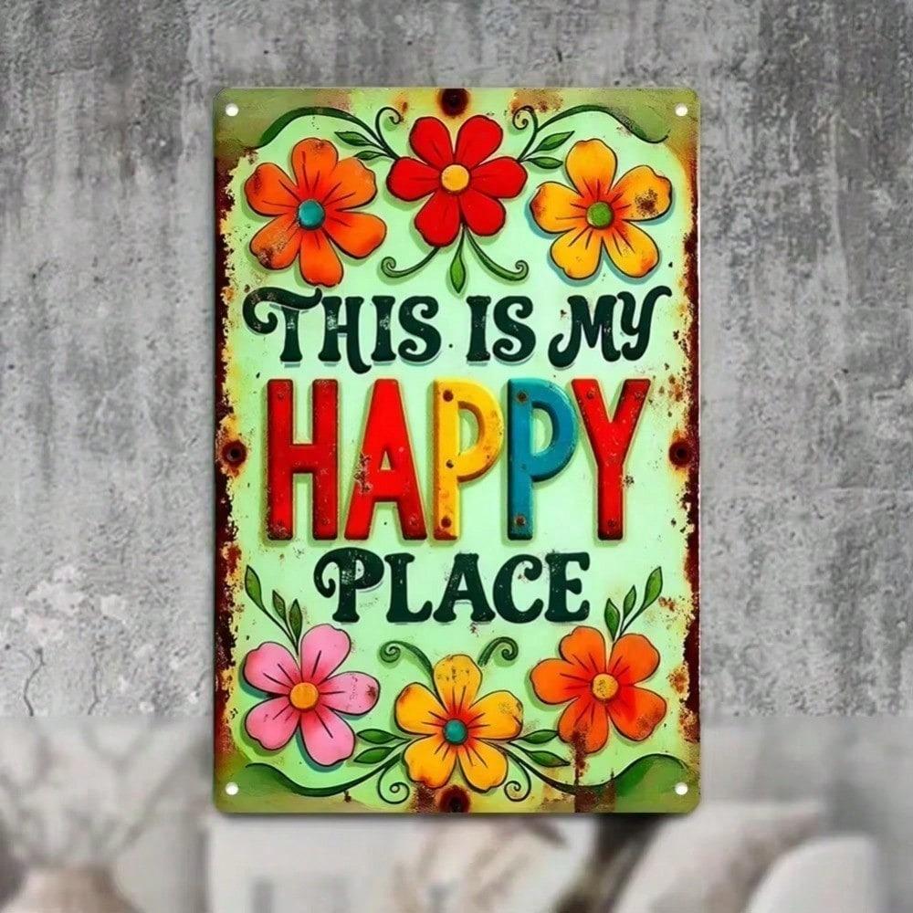 "Happy Place" Metal Wall Art Sign Waterproof Rustic Decor for Living Room