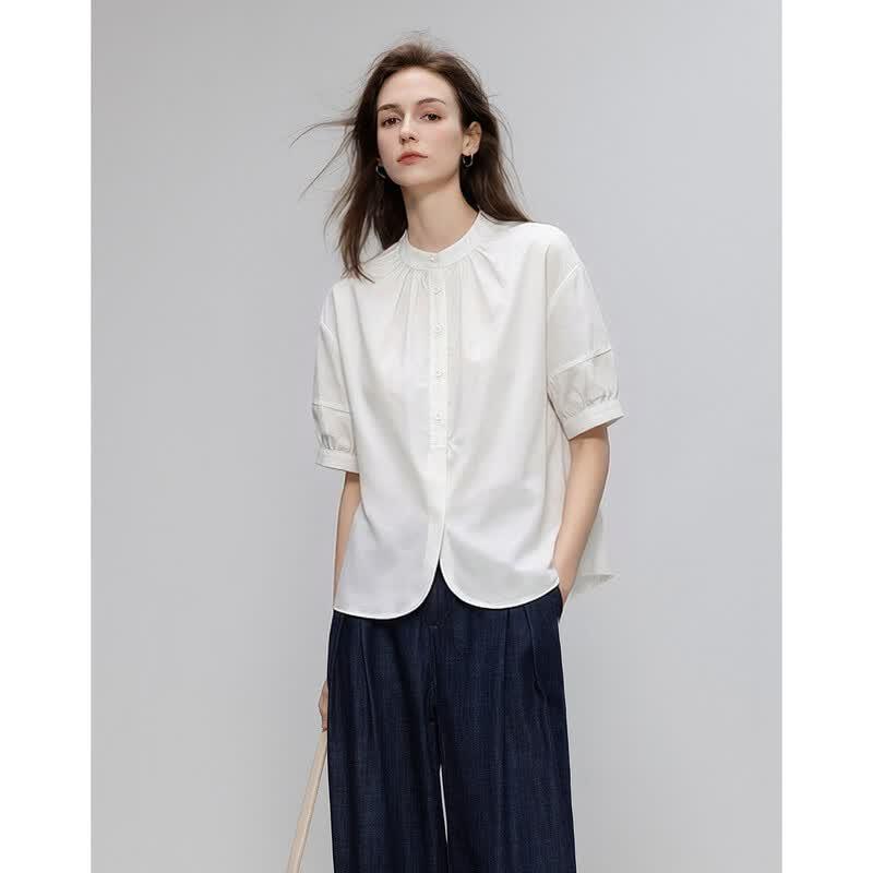 Demana French Retro Solid Round Neck Puff Sleeve Shirt
