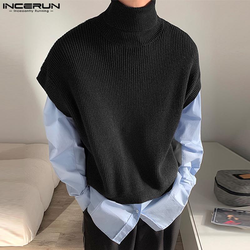 

INCERUN Черные осенние мужские повседневные топы без рукавов с высоким воротником