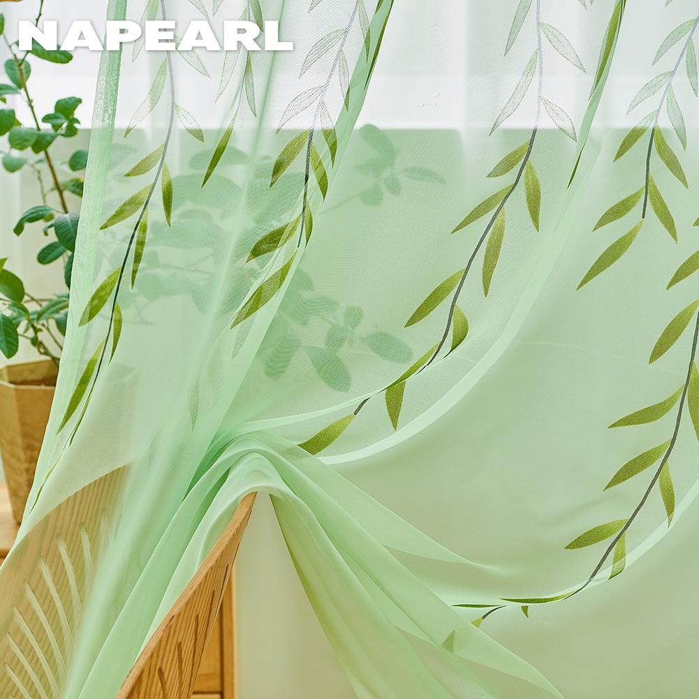 1PC Green Transparent Window Screen Willow Leaf Pattern Offset Printing Curtain Tulle Sheer for Living Room Bedroom Balcony Home Decor NAPEARL