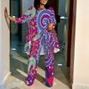 Women Plus Size Two Piece Set Round Neck Three Quarter Sleeve Irregular Hem Top Printed Wide Leg Trousers