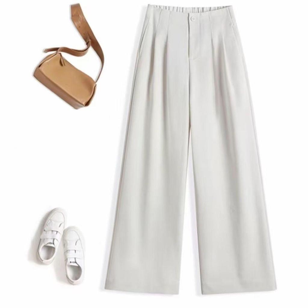 2026 Spring Women's High-Waisted Wide-Leg Pants - Titanium Gold Cotton, Slimming and Versatile 