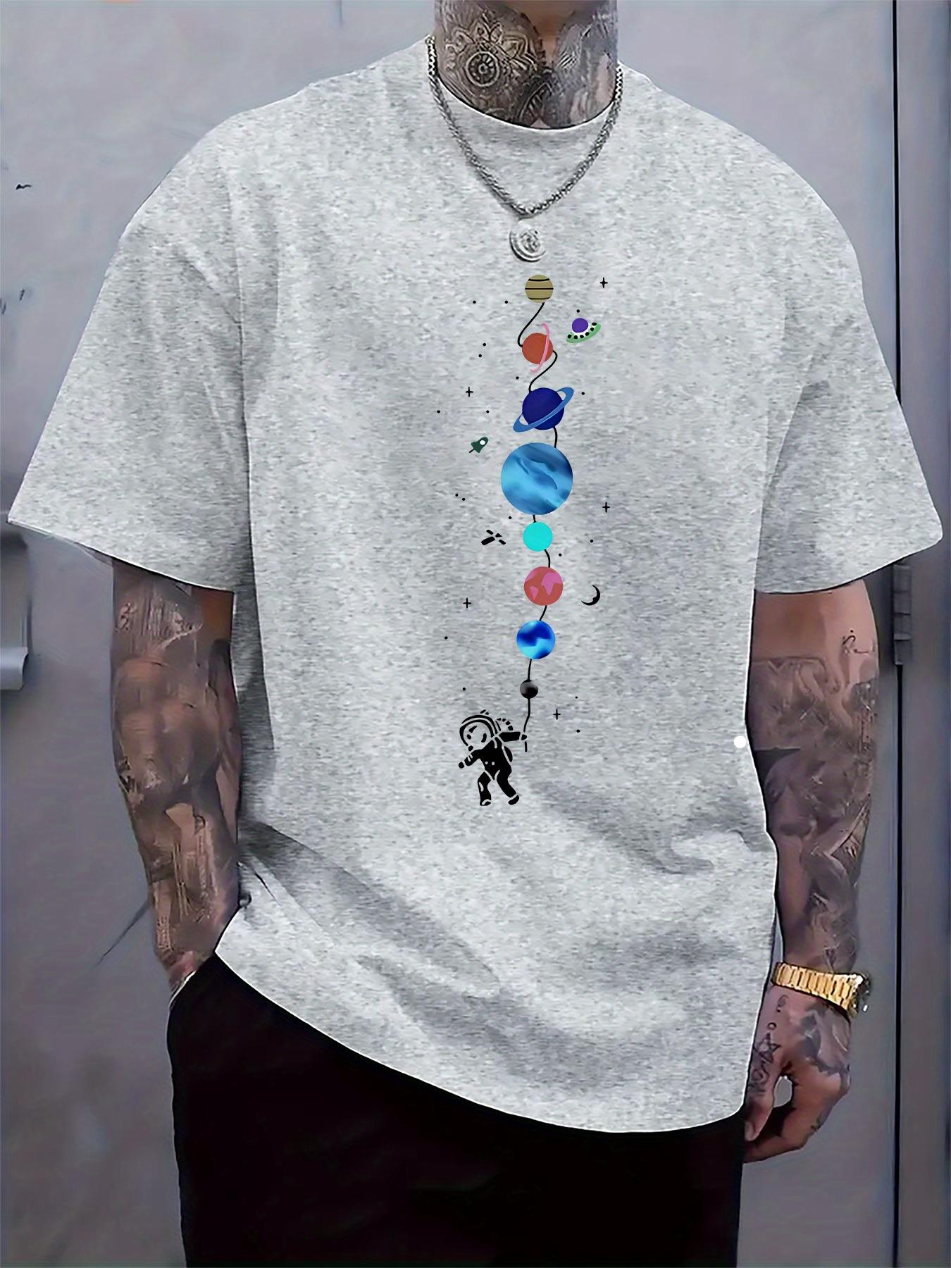Casual Crew Neck T-shirt with Astronaut and Planets Print S