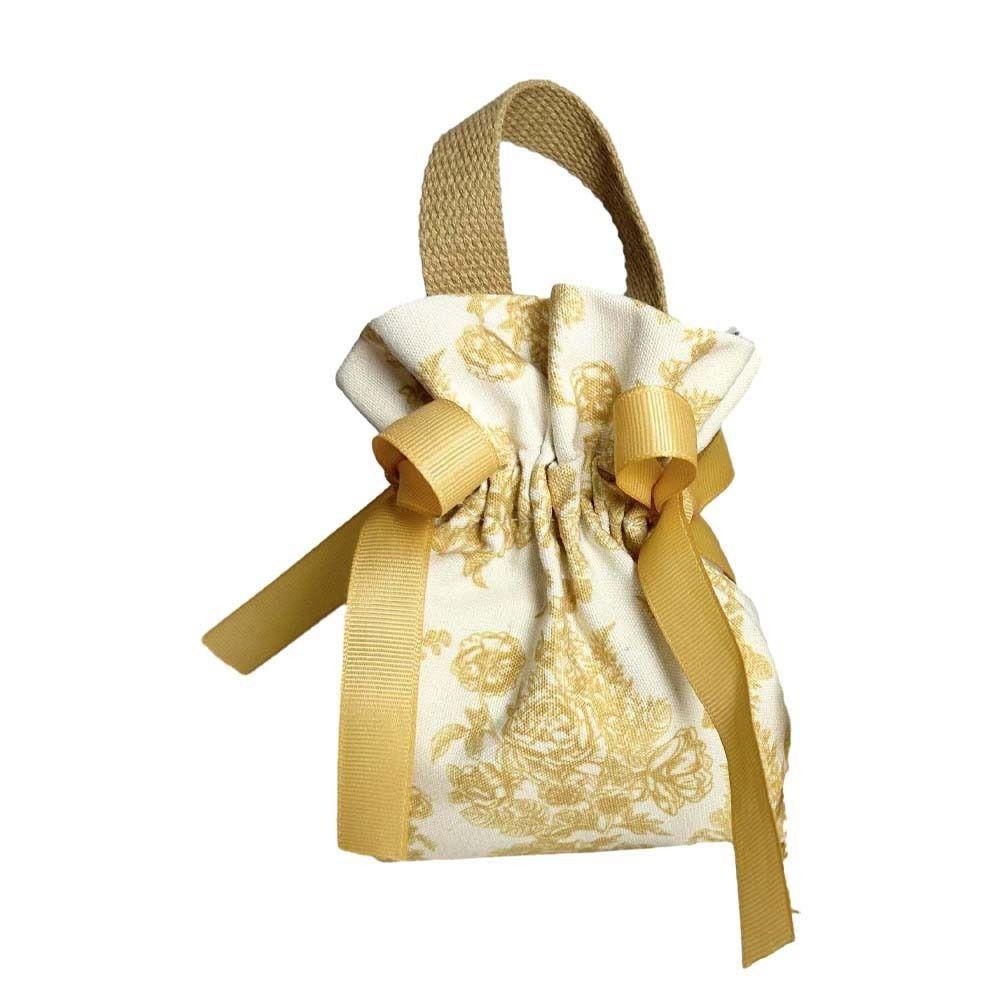 Pearl Pendant Canvas Floral Drawstring Bag Korean Style Large Capacity Peony Flower Wrist Bag Coin Purse Wallet Satin Bow