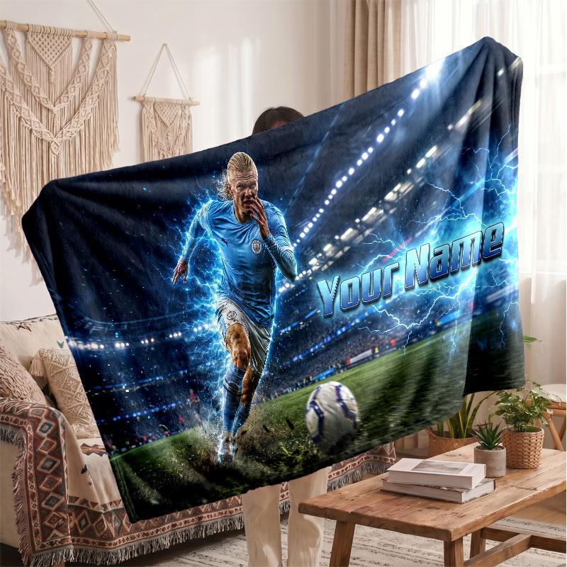 Erling Haaland Personalized Fleece Blanket With Football Logo, Custom Name Text Soft Warm Home Throw Blanket