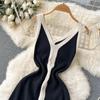 New Summer Women V-neck Split Long Midi Knitted Sweater Dress Fashion Casual Contrasting Color Knitwear Clothing