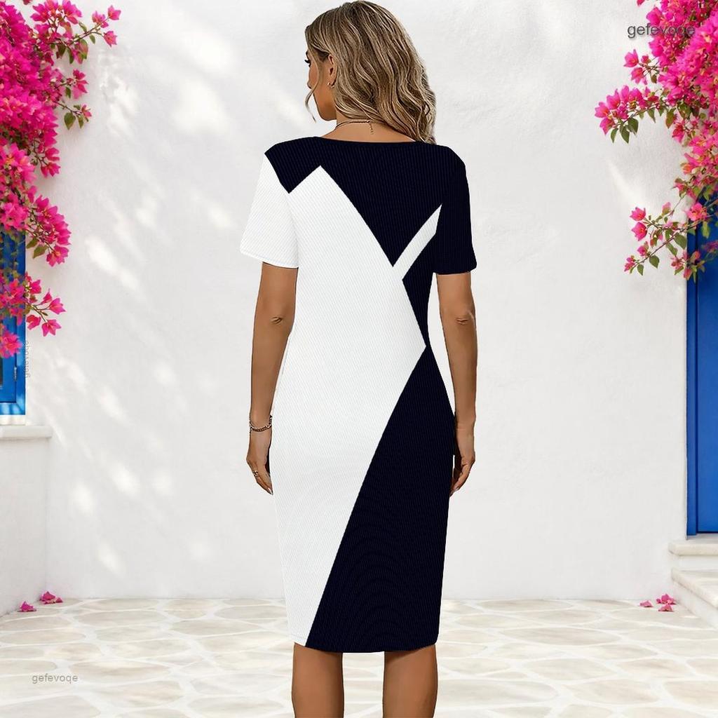 Women Plus Size Round Neck Short Sleeve Printed Fitted Dress Red White Blue Star Firework