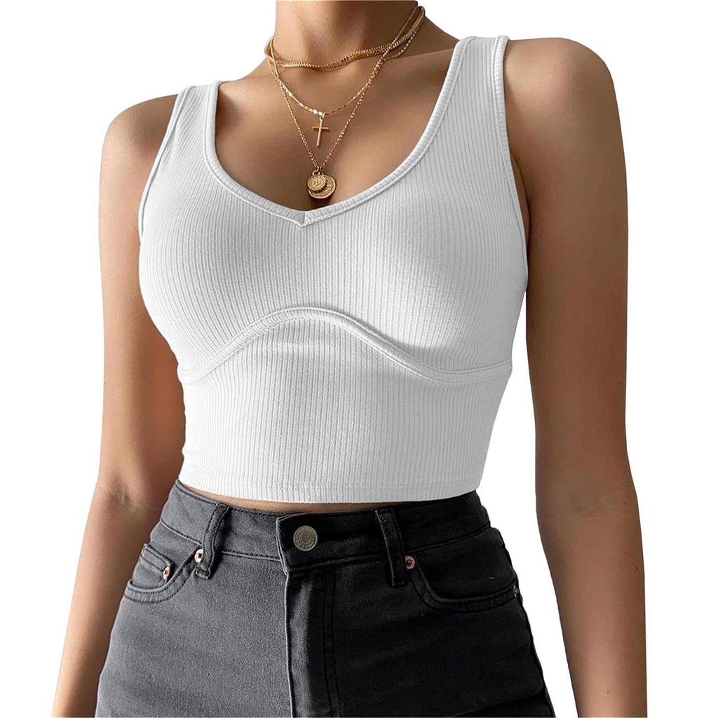 Ladies Casual Solid Color Sexy Deep V-neck Navel Bust Stitching Stretch Knit Vest