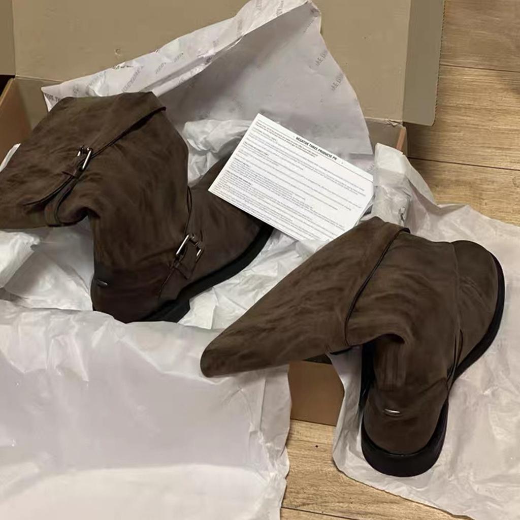 Verze z hovězí kůže~ Volné retro přezky na opasku, stohovací kozačky pro ženy, plisované vysoké jezdecké kozačky, kozačky na silném podpatku