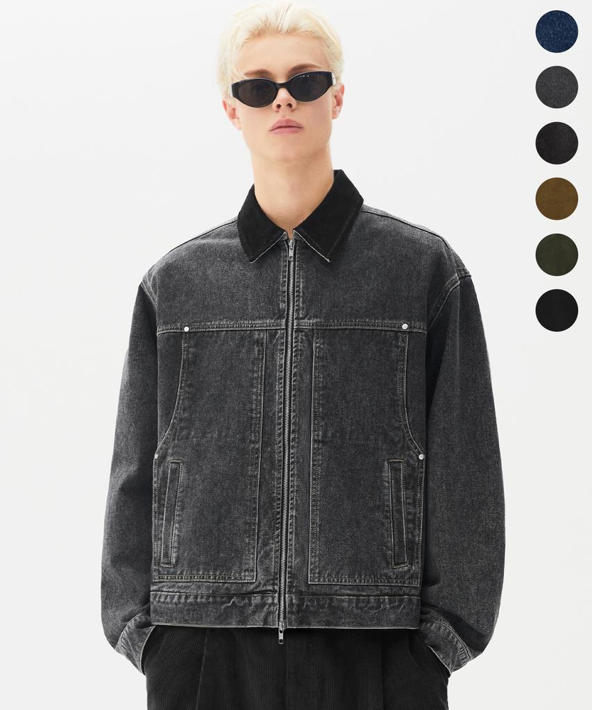 TRILLION Corduroy Collar Denim Zip-Up Work Jacket_6 Colors