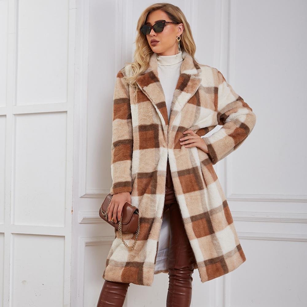 

Imitation Fur Coat New Long Plaid Trench Coat Lapel Coat S