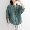 Women's Oversized Casual T-Shirt - Batwing Sleeve Drawstring Hem Round Neck Mid-Sleeve Top, Loose Fit Summer Blouse, Comfortable Wear