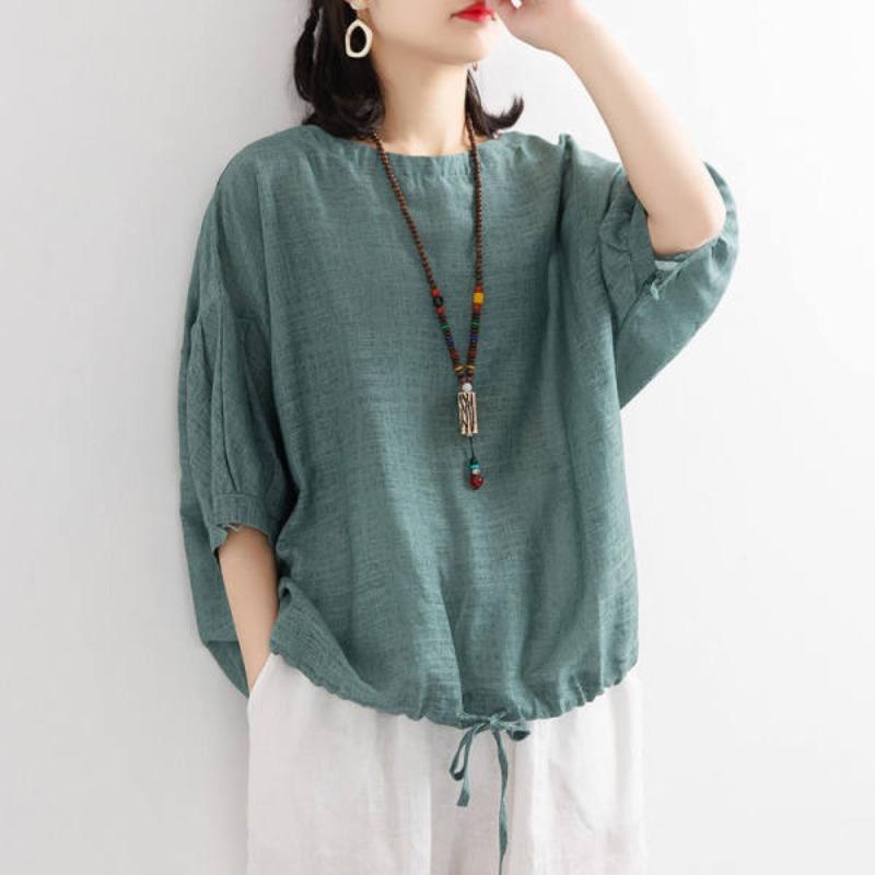 Women's Oversized Casual T-Shirt - Batwing Sleeve Drawstring Hem Round Neck Mid-Sleeve Top, Loose Fit Summer Blouse, Comfortable Wear
