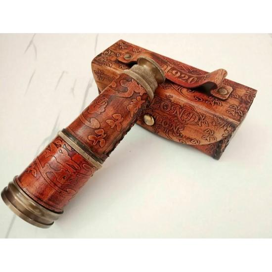 Telescop din alamă antică, lunetă marină nautică, din piele, de epocă