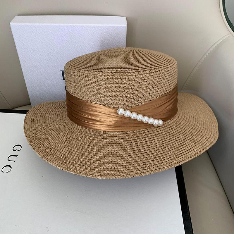 Grass Sun Hat - Anti-UV Flat Top with Faux Pearl Detail, Elegant Commuter Style Outdoor Sun Protection, Versatile and Breathable